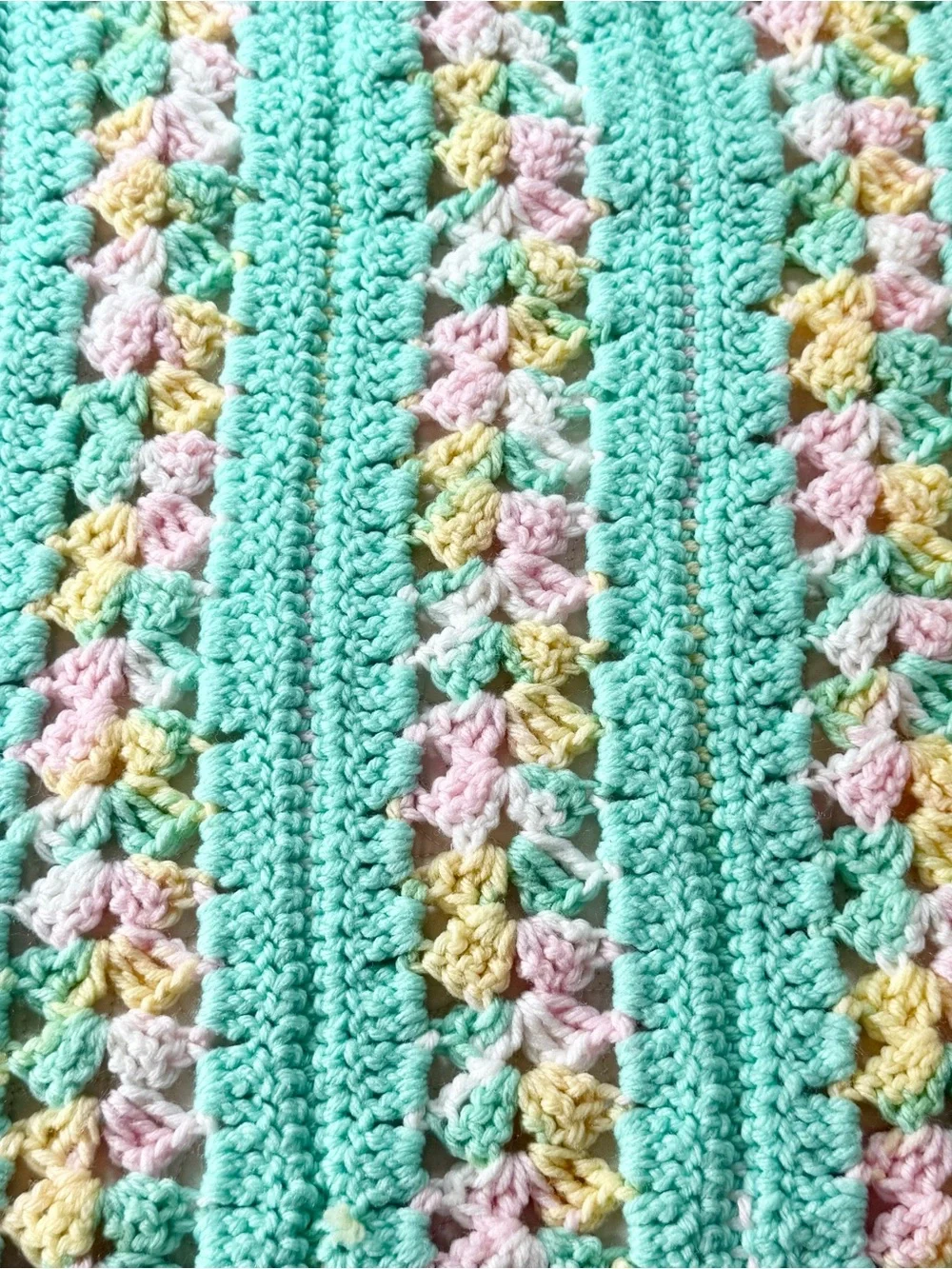 Vintage handmade crocheted afghan blanket mint green pink yellow stripe